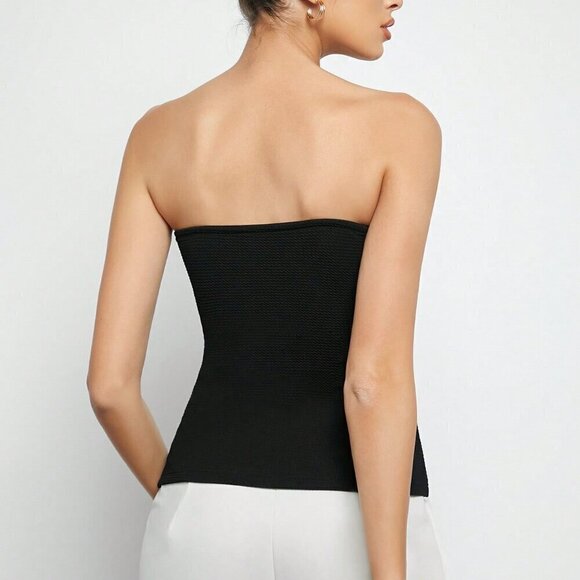 Black Casual Women's Button Front Split Hem Bandeau Top - Picture 2 of 7